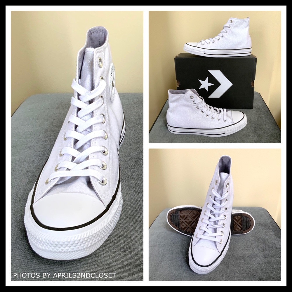 CONVERSE WHITE SHIMMER CHUCK TAYLOR HIGH TOPS A2C - Picture 2 of 8